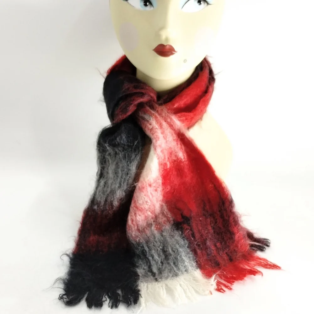 Vintage Mohair Blend Buffalo Plaid‎ Red and Black Scarf